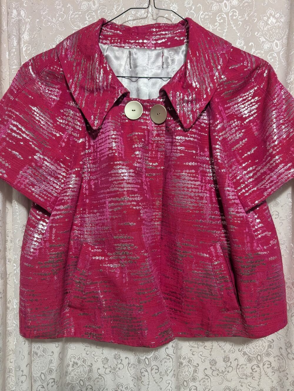 Vtg 80s Metallic Pink Silver Brocade Cropped Swing Jacket Statement
